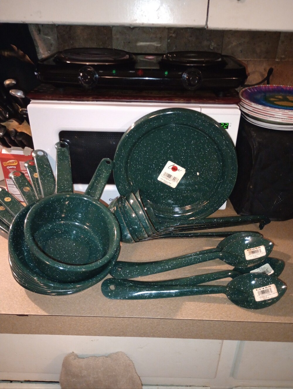 Large Lot Of Cinsa Green Speckled Enamel Camping Cookware